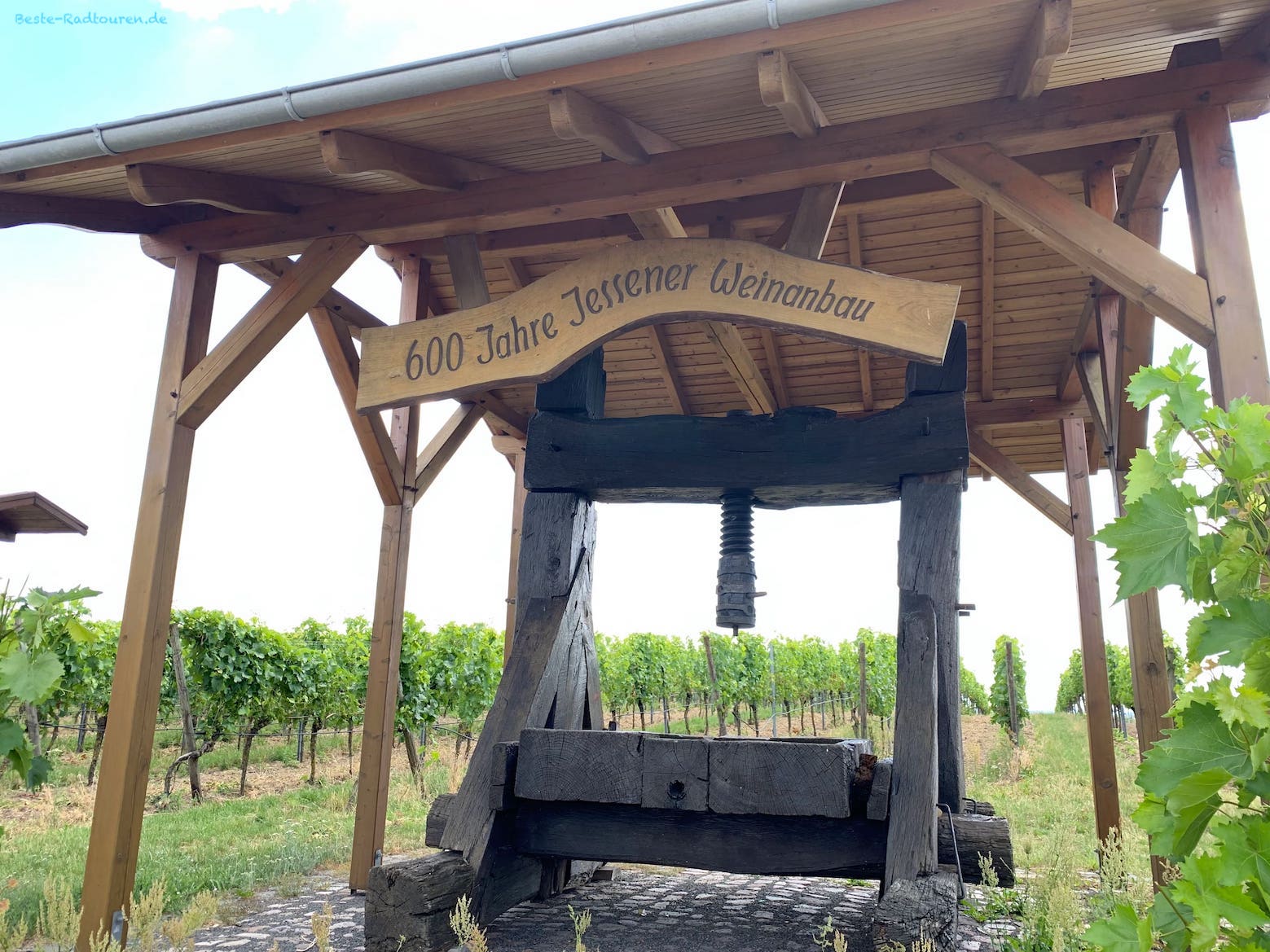 Foto am Radweg (bei Schweinitz) aus: Historische Weinpresse vom Weinanbau Jessen