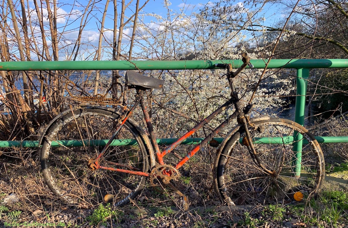 Kaputtes ungepflegtes Fahrrad steht an der Spree am Treptower Park