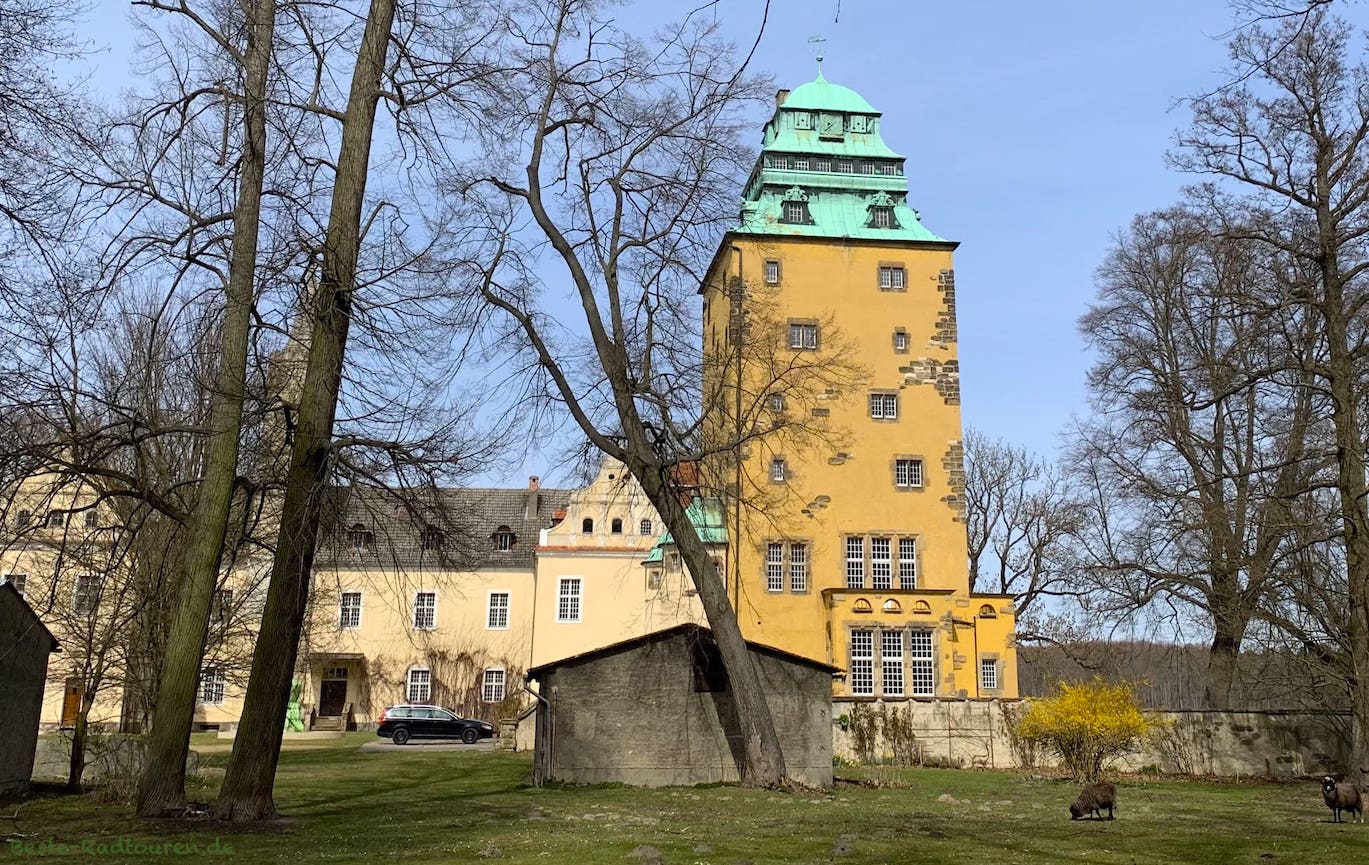 Schloss bzw. Wasserschloss Groß Leuthen, Foto von der Seite über den Zaun
