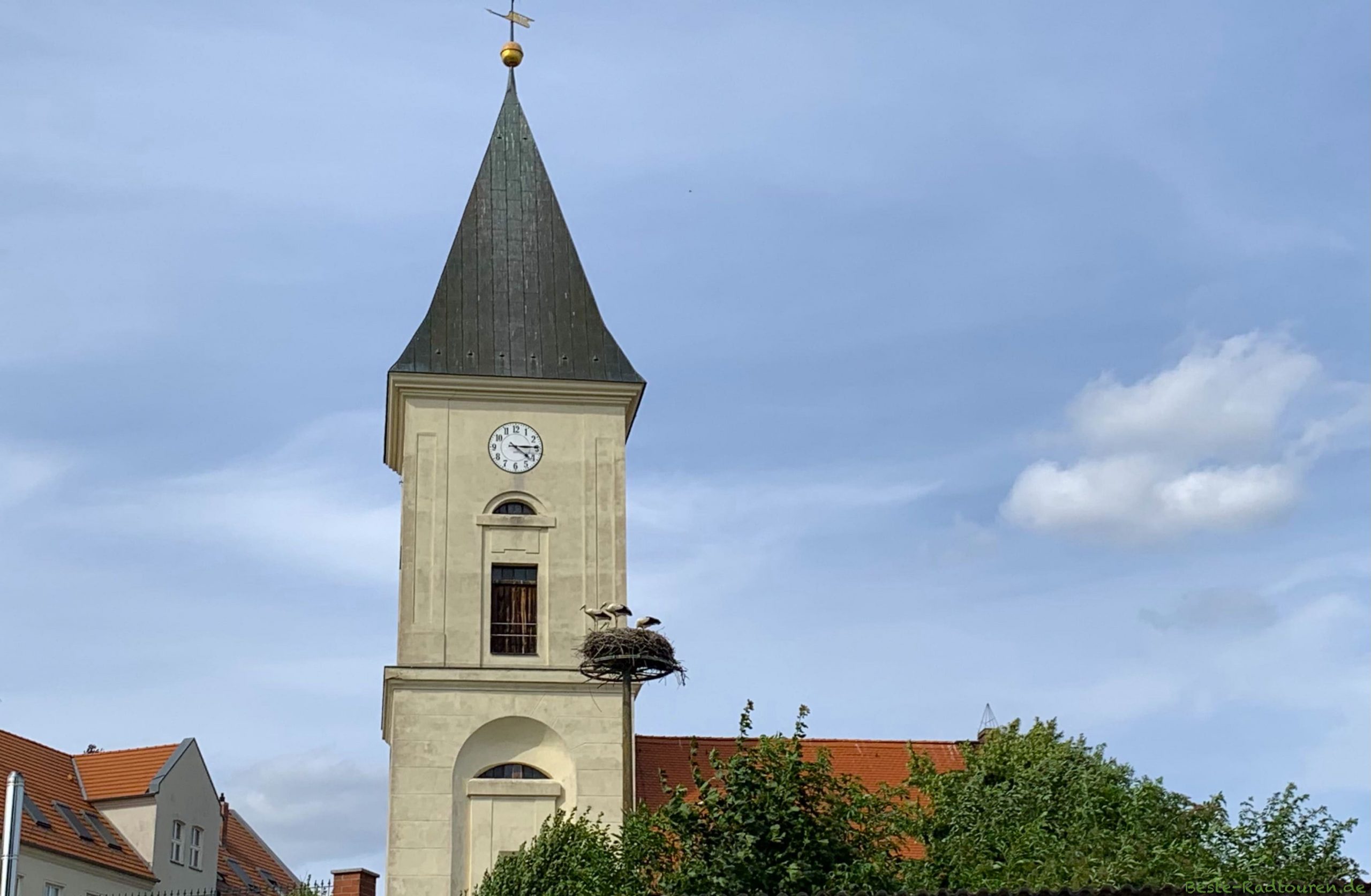 Storchennest vor der Kirche von Lebus, Foto vom Radweg aus