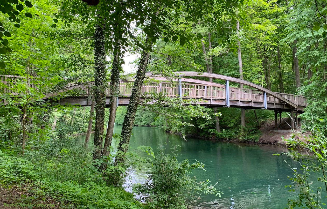 Fußgänger-Brücke / Holzbrücke über den Werbellinkanal zwischen Wildau und Eichhorst, Foto vom Radweg aus