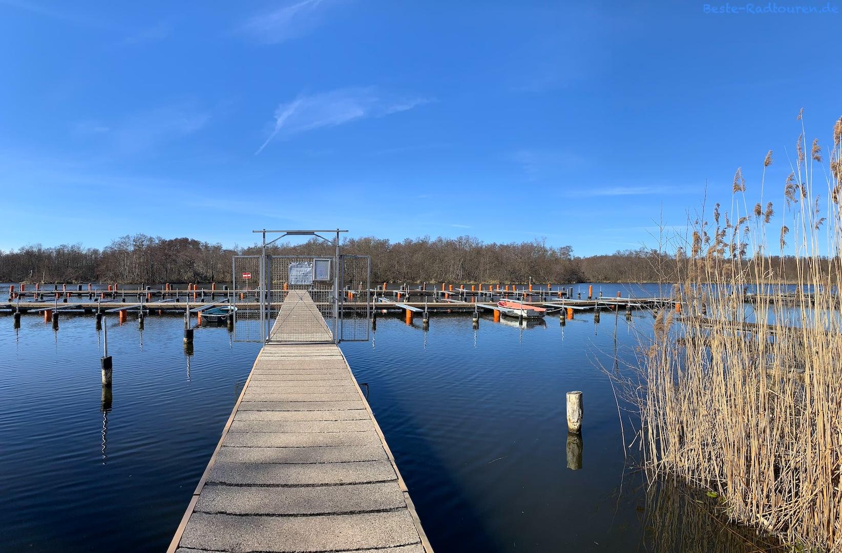 Bild vom Uferweg aus: Seddinsee in Gosen, Bootssteg