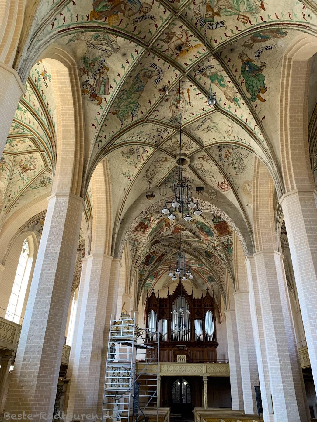 Foto vom Altar her: St.-Marien-Kirche Herzberg (Elster), Gewölbemalerei, Orgel