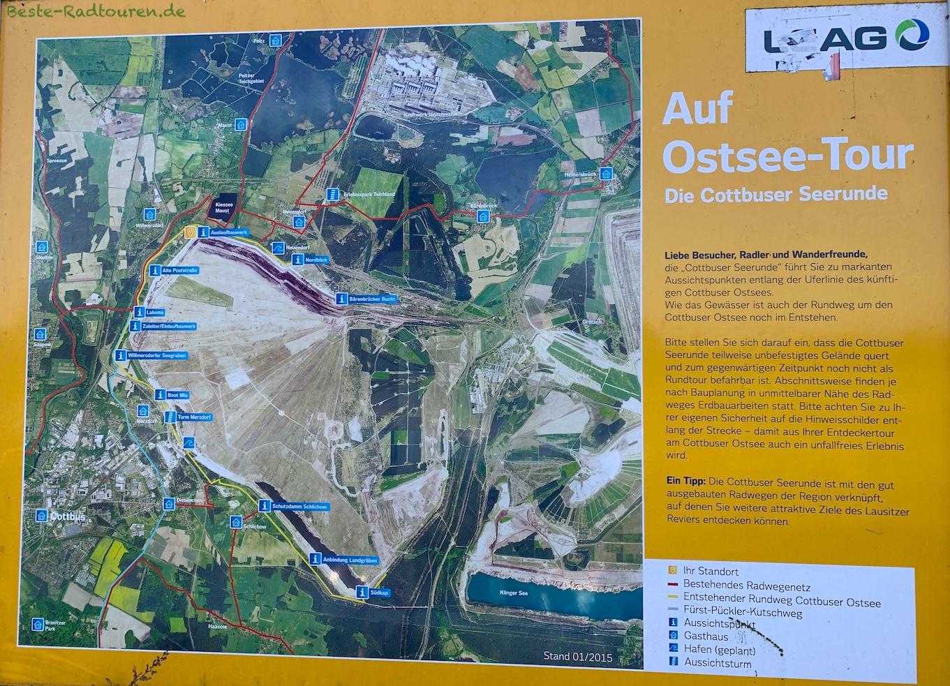 Info-Tafel am Ufer des Cottbuser Ostsee über die Cottbuser Seerunde (Radweg, Wanderweg, Fußgängerweg)