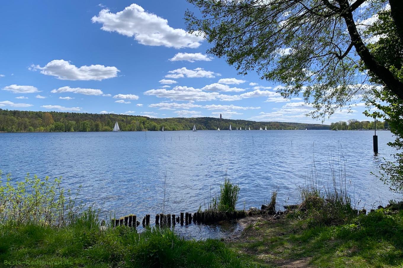 Foto vom Wanderweg aus: Aussicht über die Havel vom Uferweg in Berlin-Gatow, am anderen Ufer der Grunewaldturm